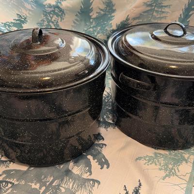 Two Enamel Coated Canning Pots 