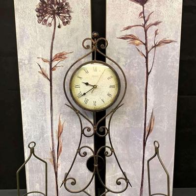 Botanical Wall Art Pair With Iron Scroll Clock & Lantern Holders