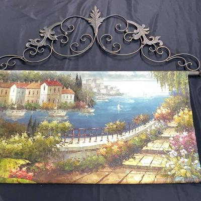 Mediterranean Coastal Wall Tapestry With Ornate Iron Scrollwork Hanger