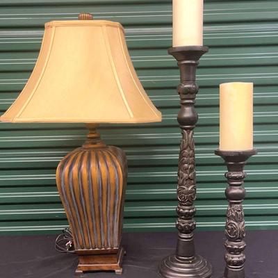 Table Lamp and Pair of Decorative Candle Holders