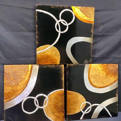 Contemporary Abstract Wall Art Trio Featuring Metallic Gold And Silver Accents