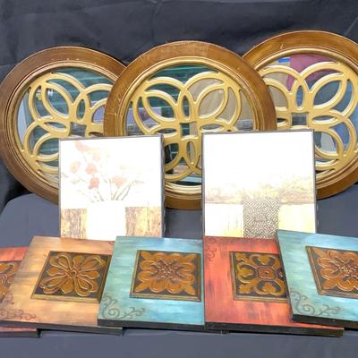 Large Wall Decor Collection Featuring Mirrored Panels, Floral Art, And Ornate Tiles