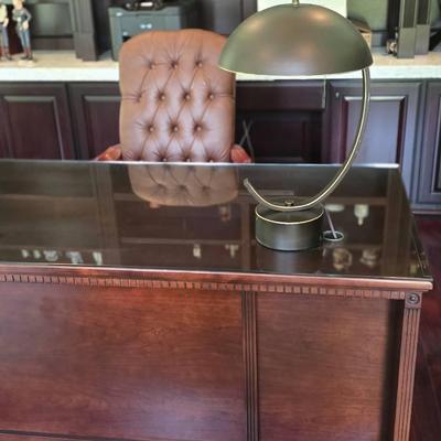 Executive Desk With Leather Office Chair and Lamp