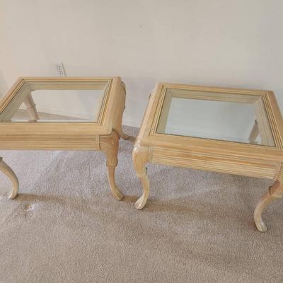 Set of 2 Vintage Oak Glass-Top Tables - 28x23x20"