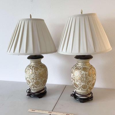 Matching Hand Painted Porcelain White & Gold Table Lamps 16x28x16