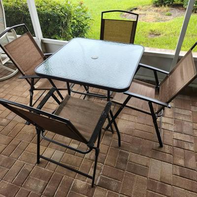 Metal & Glass Patio Table w/ 4 Folding Chairs - 34x34x28"