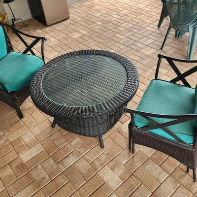 Woven Look Metal Frame Patio Set - Glass-Top Table, Chairs w/ Footstools
