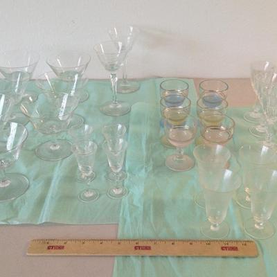 Vintage Bar Glassware - Anchor Hocking Blue Yellow Pink, Etched, Crystal