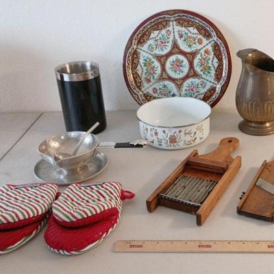 Mostly Vintage Kitchen - English Tray, Brass Pitcher, Gravy Boat, Slicers++