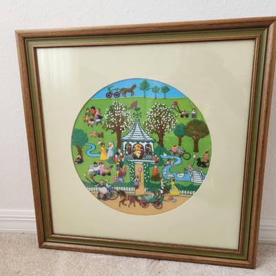 Colorful Vintage Framed Crewel Embroidery Town Gazebo - 21x21"