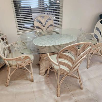 Vintage Pickled Oak Rattan Dining Table & Chairs - 62x42x28"