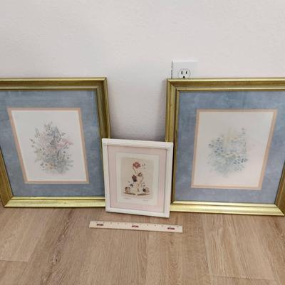 Set of 2 Mary Vincent Bertrand Prints & Pressed Wildflowers Art