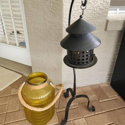 Patio Decor - Yellow Glass Hanging Vase, Metal Lantern on Stand