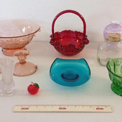 Vintage Colored Glass - Fenton Ruby Basket, Viking Blue Dish, Pink Depression Glass++
