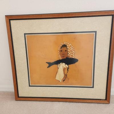 David McGoffin 1978 Framed Woman with Fish Print - 34.5x30.5"