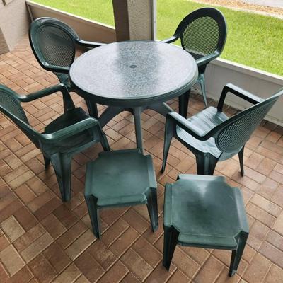 Green Plastic Faux Mosaic Top Patio Table Set + Small Tables