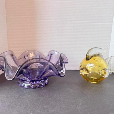 Fenton Ruffle Bowl Purple, Glass Fish Paperweight Yellow