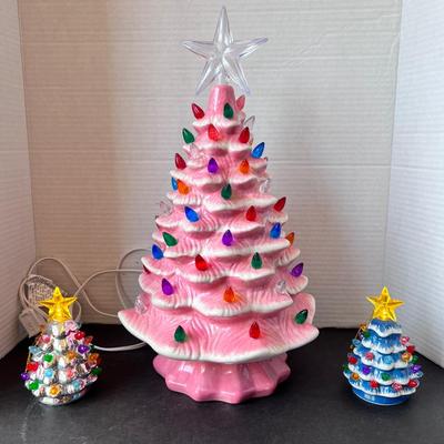 Ceramic Christmas Tree Electric Lighted Pink, 2 Battery Operated Tree Ornaments 