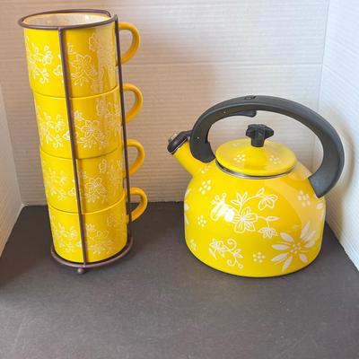 Floral Lace Yellow Temptations Tea Kettle & 4 Coffee Mugs w/ Rack