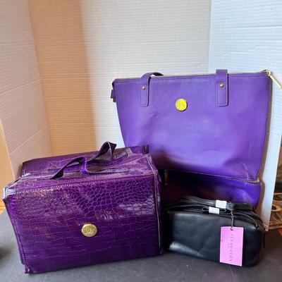 Joy Mangano Purple Leather Shoulder Bag & Wristlet & Vinyl Makeup Fold Out Tote