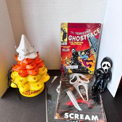 Candy Corn Lighted Tree Electric, Metal Scream & Ghost face Signs, Scream Statue Figure