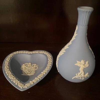 Vintage Wedgewood Blue Heart Trinket Dish & Bud Vase