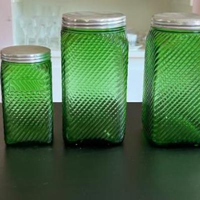 Vintage Owens Illinois Green Depression Era Glass Canisters