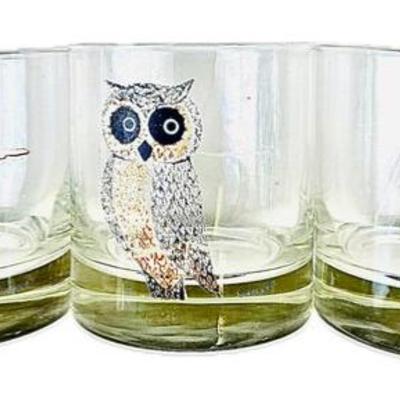 Sale Photo Thumbnail #91: Vintage Owl Low Ball Rocks Old Fashioned Tumbler Cocktail Glasses 24k Gold Couroc - MCM