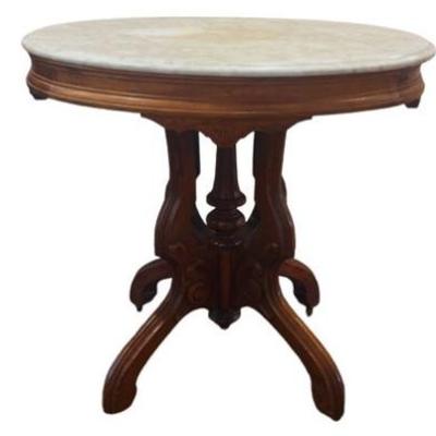 Sale Photo Thumbnail #30: Carved Walnut Pedestal Base Table With Marble Top & Original Brass Casters