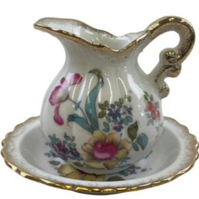 Sale Photo Thumbnail #100: Vintage Royal Crown Hand Painted Pitcher With Dish - Gold Trim Flowers Design 4 - Labeled 44/109
