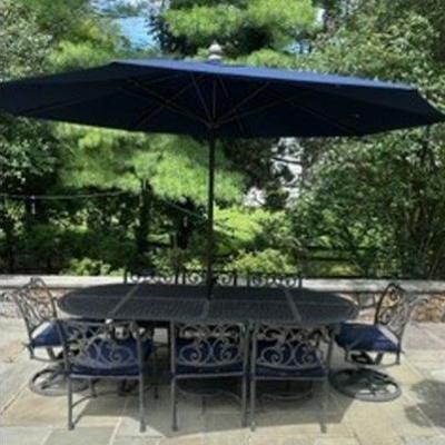 Sale Photo Thumbnail #6: Large Rectangular Wrought Iron Table With Eight Chairs And Umbrella