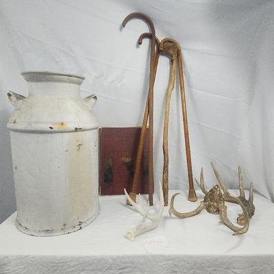 Vintage Metal Milk Jug, Wooden Canes, World Atlas, Antlers 