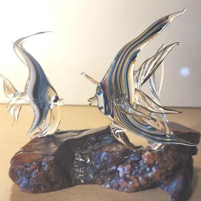 Art Glass Angel Fish on Wood Base 