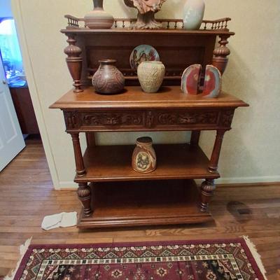 VICTORIAN CROSS CUT OAK ETAGERE WITH GARGOYLES