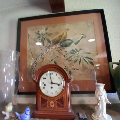 Sale Photo Thumbnail #151: ANTIQUE MANTLE CLOCKS, VICTORIAN PARROT PAINTING