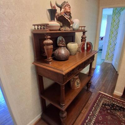 Sale Photo Thumbnail #158: VICTORIAN CROSS CUT OAK DISPLAY SHELF WITH GARGOLYLE HEADS