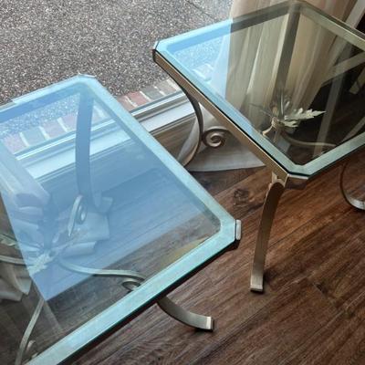 Sale Photo Thumbnail #55: Pair gold metal and glass end tables MCM