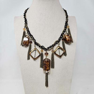 Jessica Simpson Black Gold Tone Chunky Fringe Chain Necklace
