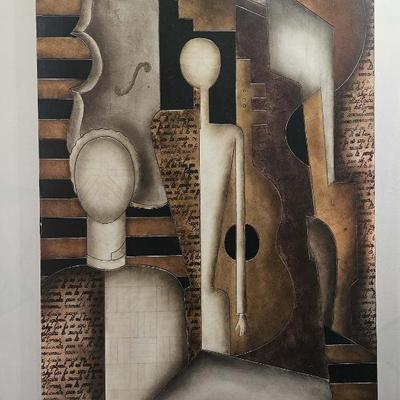 Cubist Art Deco Style Wooden Panel - Musicians
