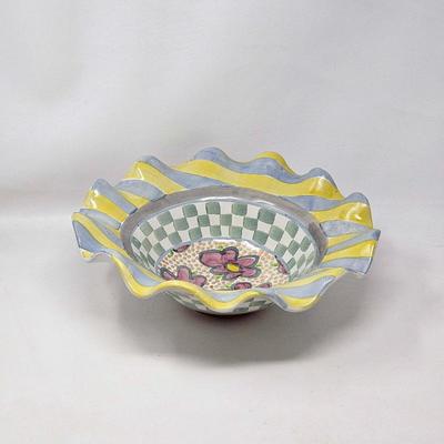 Vintage 1990s Mackenzie-Childs Taylor Odd Fellows Ceramic Ruffle Bowl
