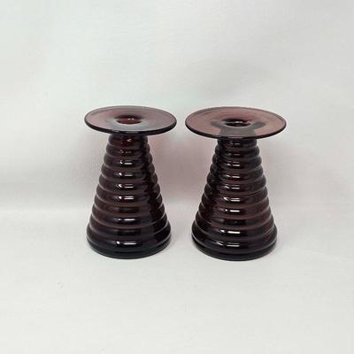 Blenko Amethyst Purple Glass Vase Candle Holders Set of 2
