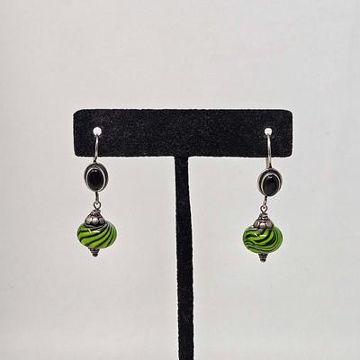 Sterling Silver Green Swirl Art Glass Bead Onyx Pierced Earrings
