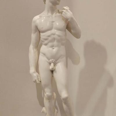 David of Michelangelo Marble Dust Sculpture on Marble Base by Gino Ruggeri
