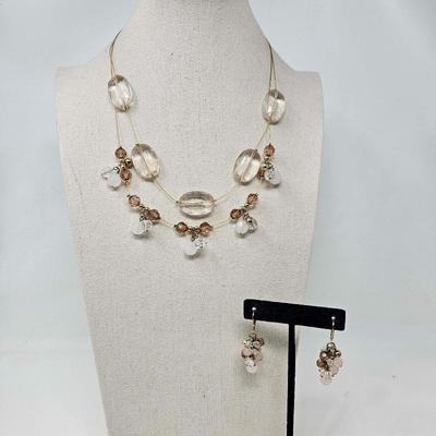 Delicate Gold Tone Blush Multi-Strand Beaded Necklace & Pierced Earrings
