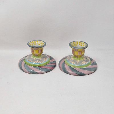 Vintage 1990s Mackenzie-Childs Taylor Odd Fellows Ceramic Taper Candle Holders Set of 2
