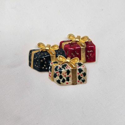 Christmas Packages Enameled Gold Tone Brooch
