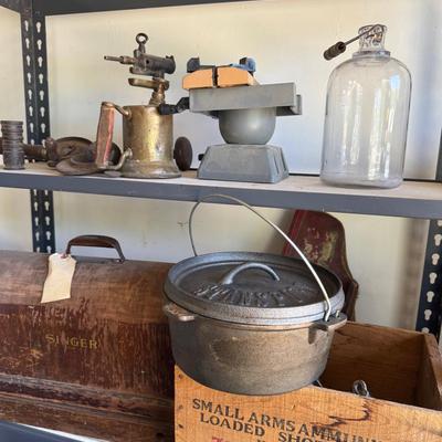 Vintage Singer Sewing Machine, Cast Iron Skillet, 