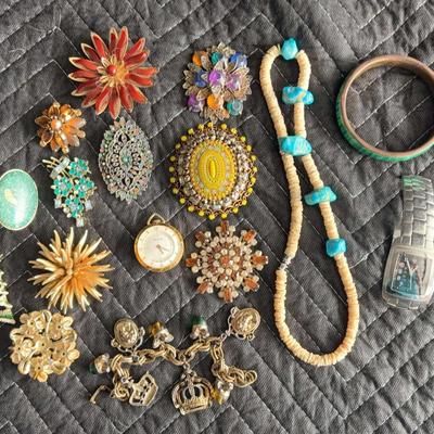 Vintage Jewelry Assortment – brooches, Pendants, Charm Bracelet, Necklace, Bangles & More