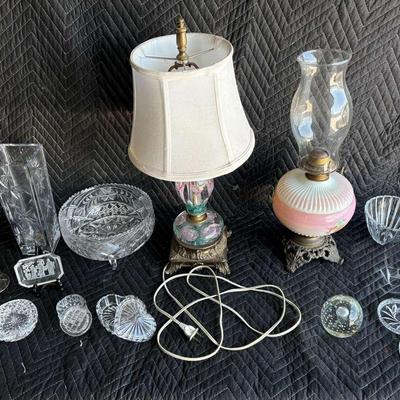 Antique Glass Oil Lamp, Blown Glass Lamp w/ Cast Bronze Foot, Crystal & Glass Decor Lot