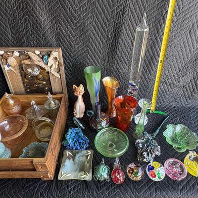 Collection Of Blown Glass, Galileo Glass Thermometer, Ocean Themed Wood Box With Decorative Lid
